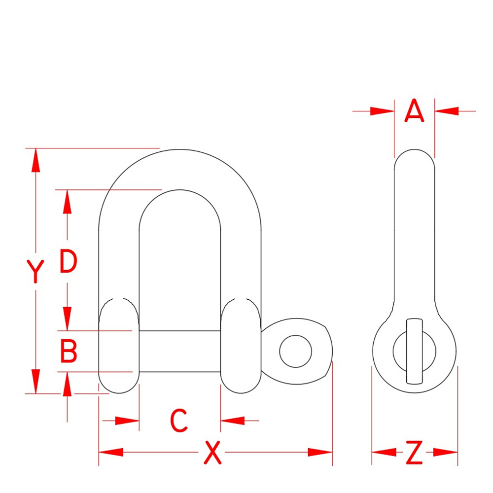 Suncor 316 SS Straight D Shackle with Captive Pin Diagram